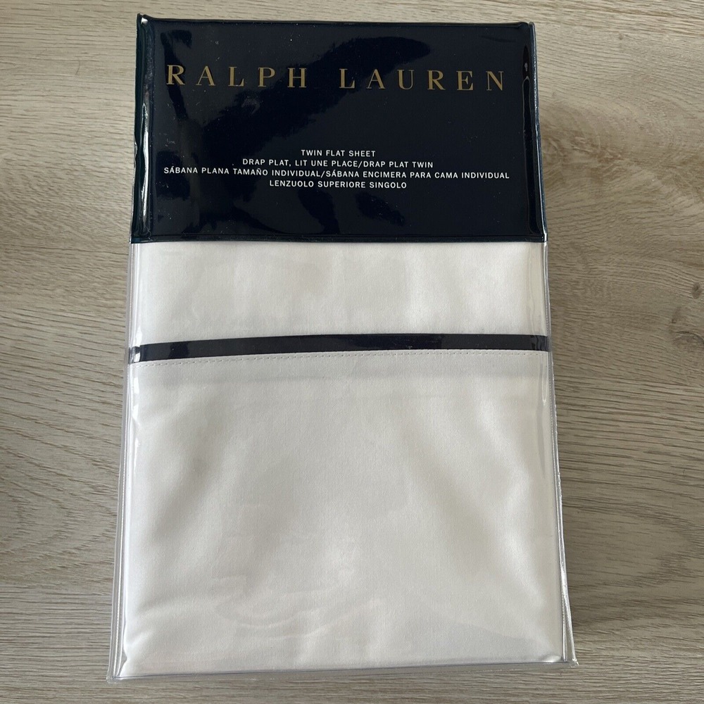 Ralph Lauren Palmer Home Bedding Flat Sheet White Polo Navy Blue TWIN